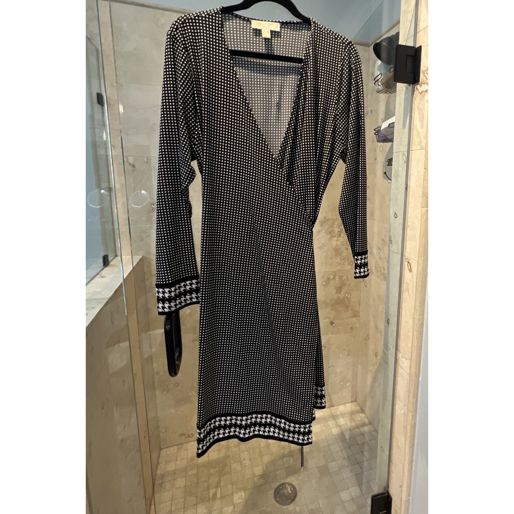 Michael Kors Womens Wrap Long Sleeve Houndstooth Check Dress Plus 1X Black White